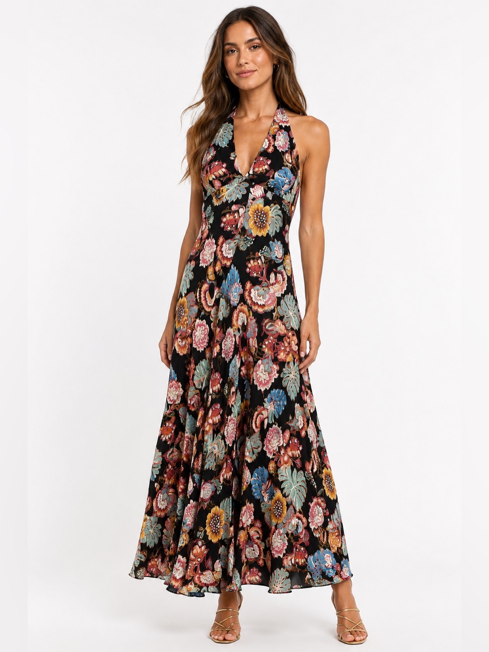 Farm Rio Black Tropical Floral Halter Maxi Dress - Sz Small 🌺 - Picture 4 of 8